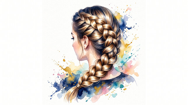 Elegant Double French Braid Hairstyle Back View Fashion Illustration with Watercolor Splash Isolated on White Background