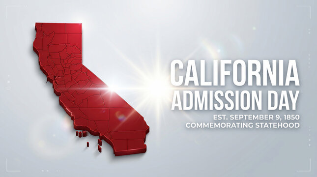 3D red map of California with bright lens flare on a light gradient background, ideal for admission day celebrations, historical events and regional marketing.