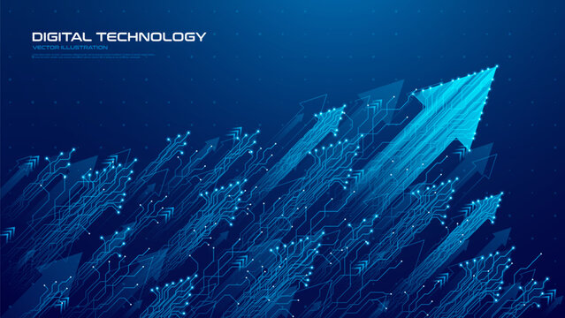 Business Development or Financial Growth Concept. Vector illustration with futuristic glowing arrows formed by printed circuit board lines symbolize market expansion, technological breakthrough.