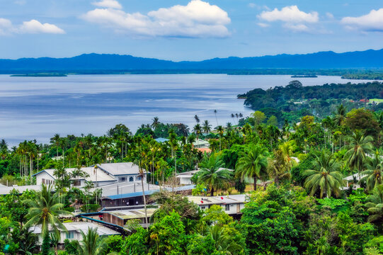 Papua New Guinea, Milne Bay Province, Alotau, Coastal town surrounded by green palm trees