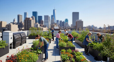 Fototapeta premium People tending a rooftop garden with a city skyline backdrop, showcasing urban agriculture and community involvement, symbolizing sustainability and green living.