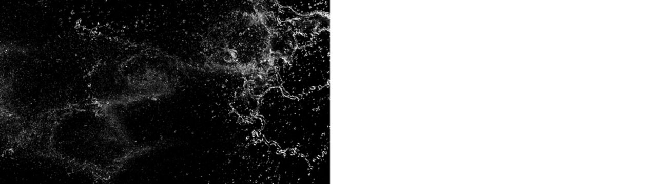Swirling water splash waves and droplets texture. Flowing liquid spray overlay isolated on black and transparent backgrounds. Horizontal split screen design element
