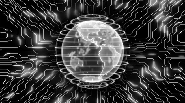 White color rotating hi tech hologram globe with motherboard chip big data hi tech design loopable dark technology background 