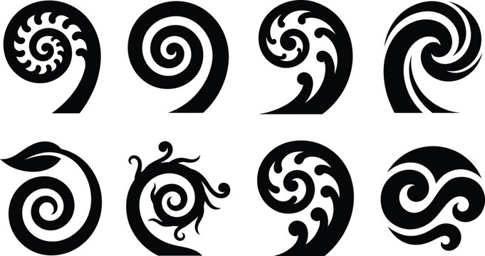 Koru Spiral Growth Silhouette Icon Collection,  Fern Frond Vectors on White