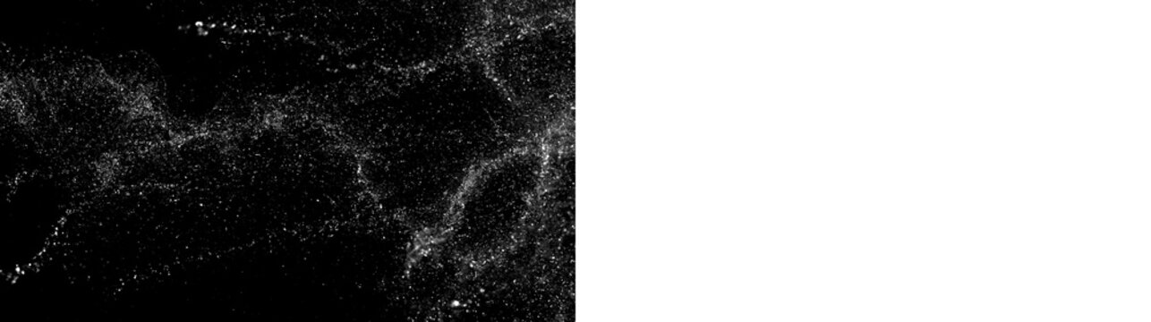Fine misty water spray and splash. Dense cloud of liquid droplets isolated on black and transparent background