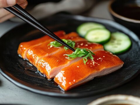 Deliciously Plated Salmon with Fresh Cucumbers and Garnish &mdash; professional stock photo for commercial licensing | Generative Ai