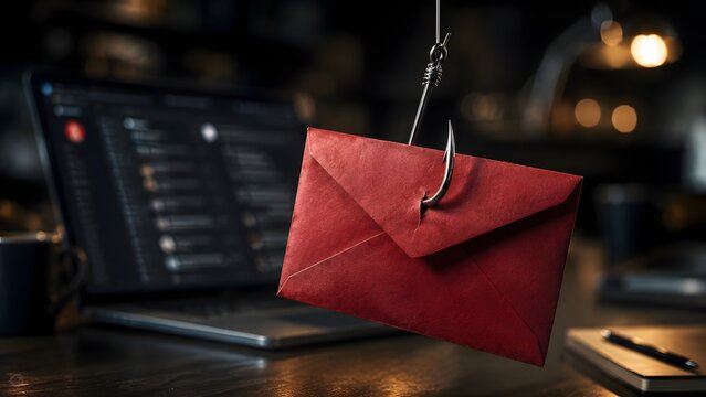 Email Phishing Scam Concept Red Envelope Caught on Fishing Hook Representing Cyber Fraud