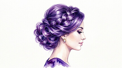 Fototapeta premium Elegant Purple Braided Updo Hairstyle Fashion Portrait Illustration Isolated on White Background
