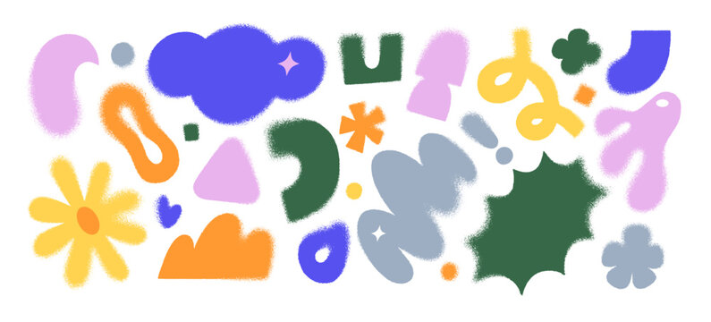 Geometric shapes with soft grains set. Abstract colourful figures with texture and blur effect. Different elements, forms, lines and curves. Flat isolated vector illustrations on white background