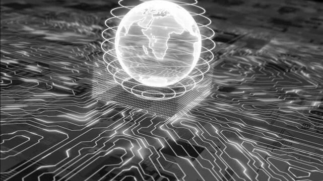 White color rotating hi tech hologram globe with motherboard chip big data hi tech design loopable dark technology background 