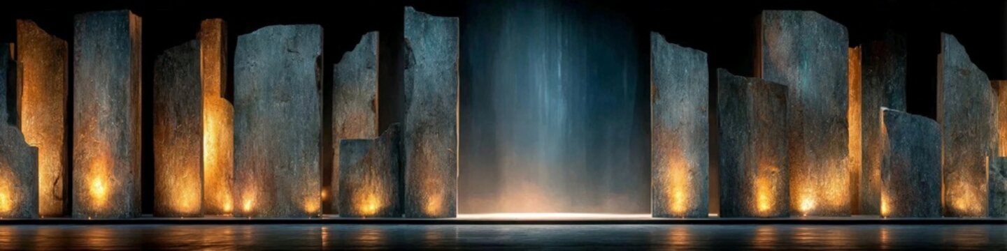 A dark, minimalist stage backdrop featuring tall basalt columns illuminated by warm golden light, creating a ceremonial and rhythmic visual atmosphere.