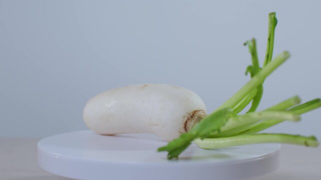 Fresh white radish with green leaves isolated on white background.