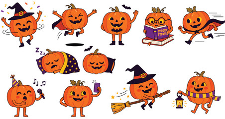 Fototapeta premium Pumpkin Activity Collection Set Halloween Vector Characters Isolated on Transparent Background