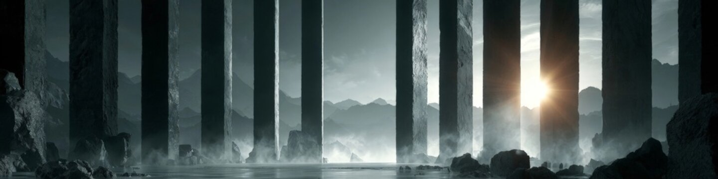 A dramatic LED stage background featuring towering basalt columns and mountain silhouettes, evoking ancient ceremonial scenography with high contrast and national pride.