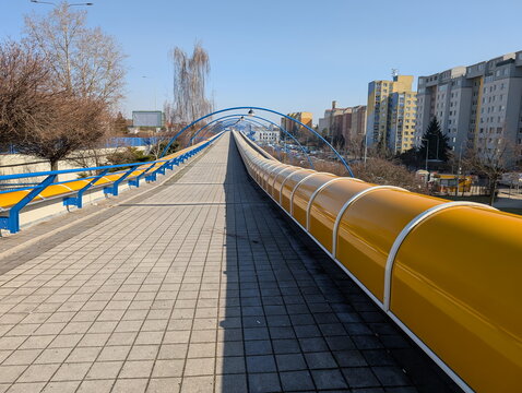 Modern Prague Footbridge Yellow Tunnel Blue Railing