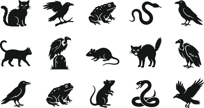 Spooky animal silhouettes featuring black cats ravens snakes and vultures for halloween art.