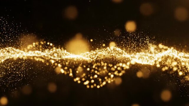 Golden shimmering particles flow on black background.