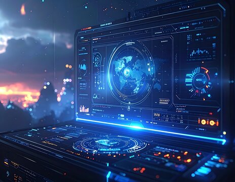 Futuristic computer screen with blue interface.