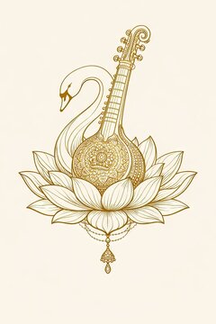 Gold swan sitar on lotus base line art
