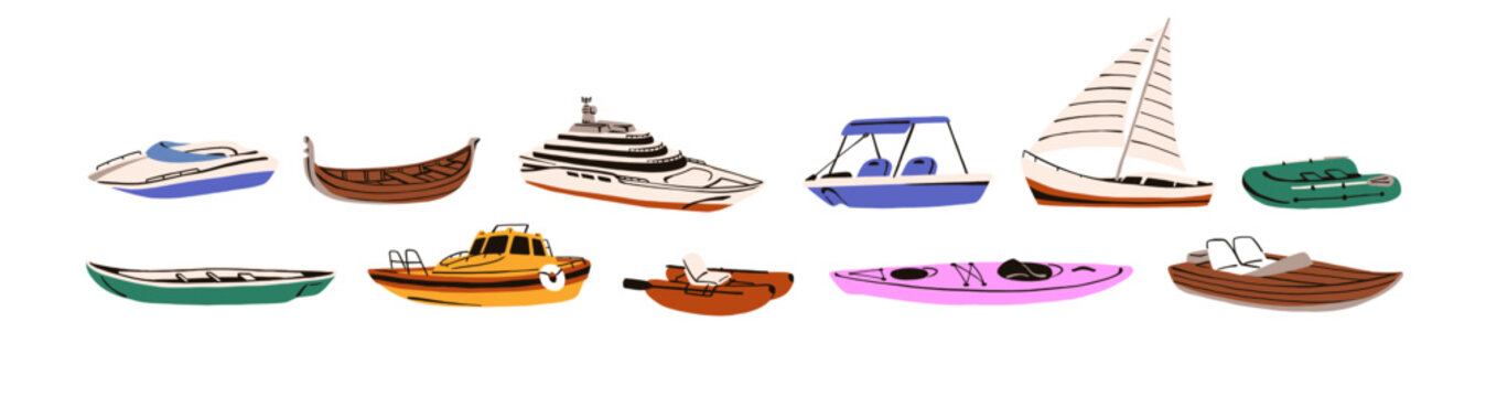 Different types of water transport set. Inflatable and wooden boats, motorboats, passenger ships. Kayaks, sailboats and sports yachts. Sea cruise, travel. Flat isolated vector illustrations on white