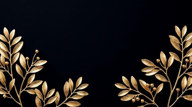 Golden leaf branches frame on elegant black background