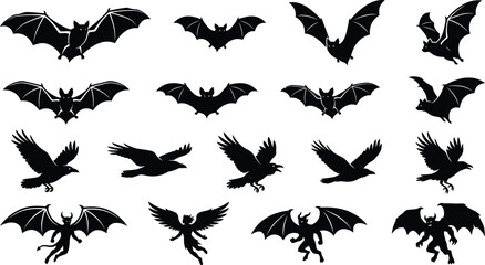 Fototapeta premium Bat and raven flying creature set for spooky halloween designs and dark nature templates.