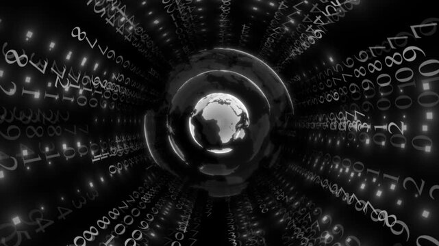 White color globe rotating and flowing into binary code 3d tunnel hi tech design dark technology background