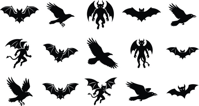 Fantasy creature silhouette set featuring winged demons bats and ravens for occult themes.