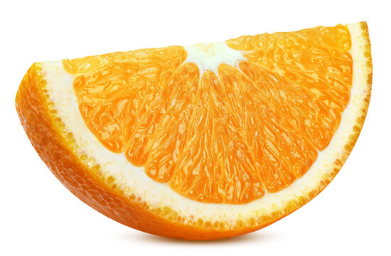 Orange slice isolated white background. Fresh cut citrus fruit with precise clipping path. Single ripe element
