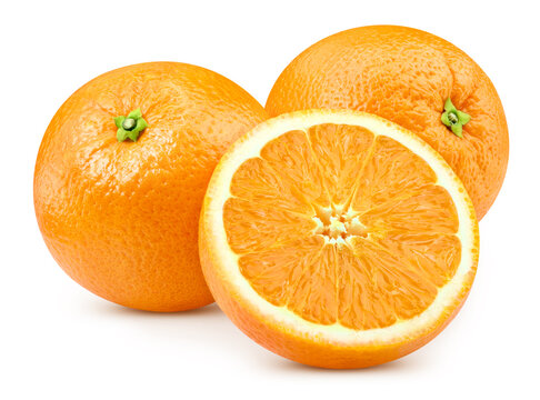 Whole orange and juicy half for packaging design. Fresh orange isolated white background with clipping path