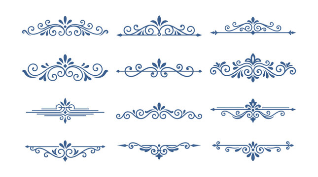 Collection of blue vintage floral dividers and decorative scroll elements for designs.