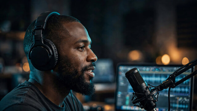 Black man with headphones speaking into microphone in studio, cinematic side profile, suitable for podcasting, audio broadcasting and media production.