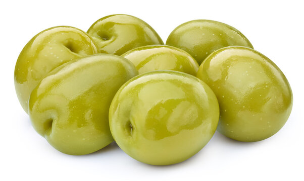 Organic green olive close up. Green olive fruit isolated on white background with clipping path