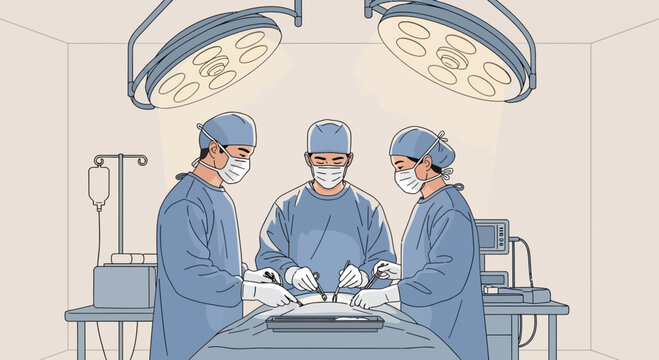 Surgeons Performing Operation Under Surgical Lights in Operating Room