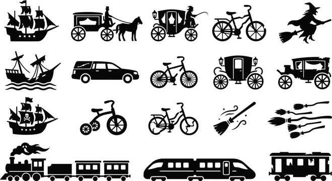 Vintage spooky travel icons with pirate ship funeral hearse old bicycle and witch broomstick.