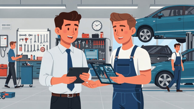 Auto repair workshop with mechanics discussing diagnostics and technology inside a modern car service center