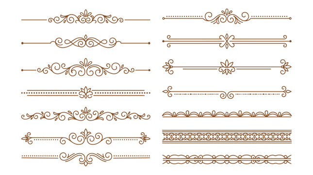 Set of brown calligraphic dividers and vintage floral scroll elements for typography.
