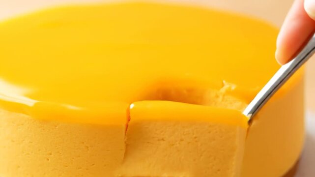 Delicious Mango Mousse Cake Being Sliced with a Spoon.