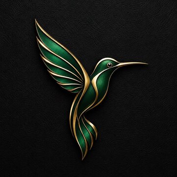 Green and gold hummingbird emblem on black
