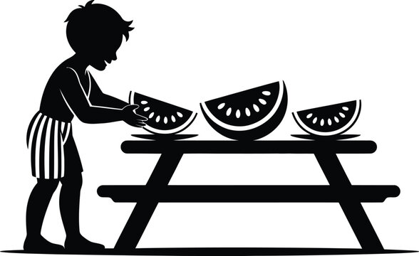 Silhouette of a boy serving watermelon slices on a picnic table