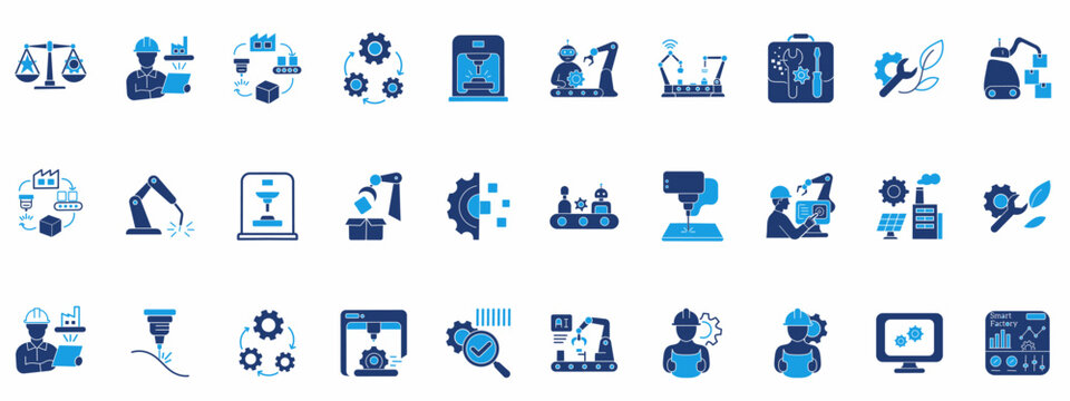Industrial Robotics and Smart Factory blue icon collections. Containing automation, AI worker, mechanical gear, production line, and green tech icons. Vector dual tone icon collection.