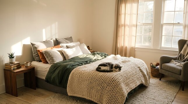 Cozy bedroom scene with cat sleeping on bed sunlight streaming in
