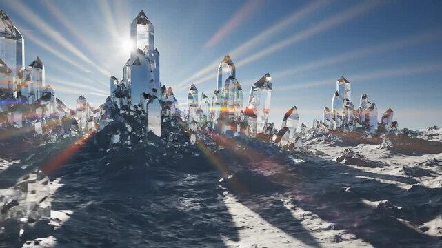 Abstract crystal landscape under a bright sun with lens flare. Futuristic sci-fi fantasy architecture with reflective surfaces.
