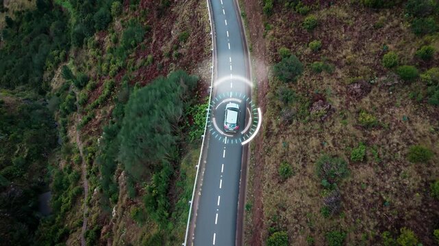 Car driving with AI-powered driver assistance interface. Smart mobility concept with vehicle tracking, road monitoring, and autonomous navigation technology