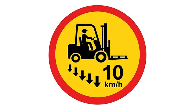 Forklift speed limit warning sign in industrial zone. Heavy machinery safety notice with 10 km/h restriction for warehouse traffic control.