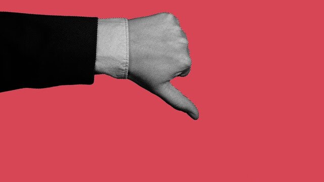 Halftone businessman hand showing thumbs down gesture on red background. Retro pop art style, suit sleeve, suitable for disapproval, rejection, and negative feedback concepts.