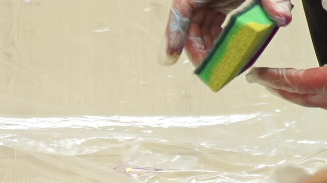 Gloved hands artistically apply a brilliant pink color to a two-toned sponge.