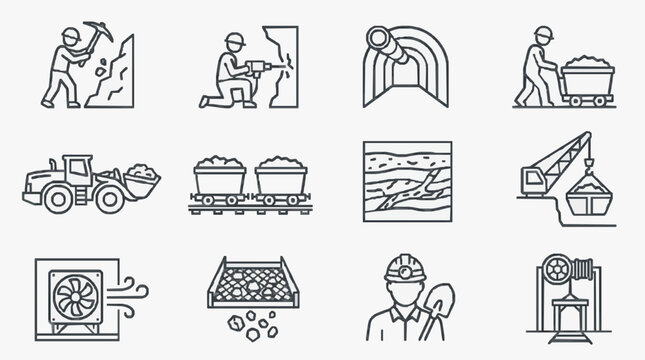 Industrial Mining and Extraction Process Illustrated with Black and White Line Icons with high quality professional line art symbols for modern creative design and digital branding projects
