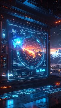 Futuristic computer screen with glowing interface.