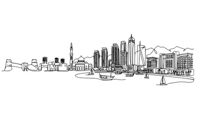 Fototapeta premium Title: Minimal Ras Al Khaimah UAE city panorama line art vector with mosque fort and waterfront buildings